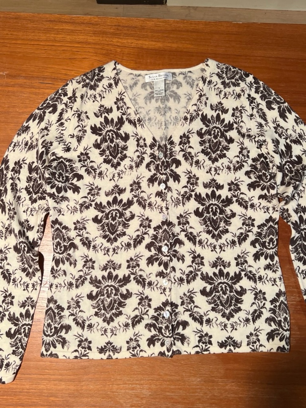 Susan Bristol Cream and Brown Damask Button-Front Cardigan